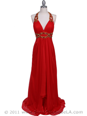 3066 Red Halter Beaded Chiffon Prom Evening Dress, Red