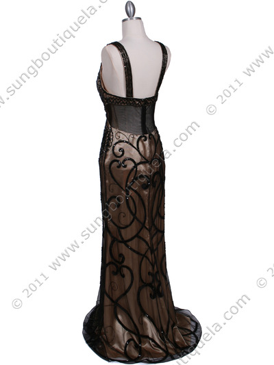 3081 Black Gold Lace Sequin Evening Dress - Black Gold, Back View Medium