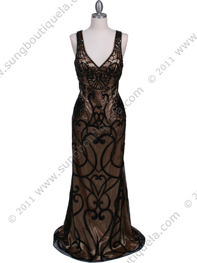 3081 Black Gold Lace Sequin Evening Dress - Black Gold, Front View Medium