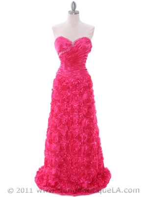 3152 Hot Pink Rosette Prom Evening Dress, Hot Pink