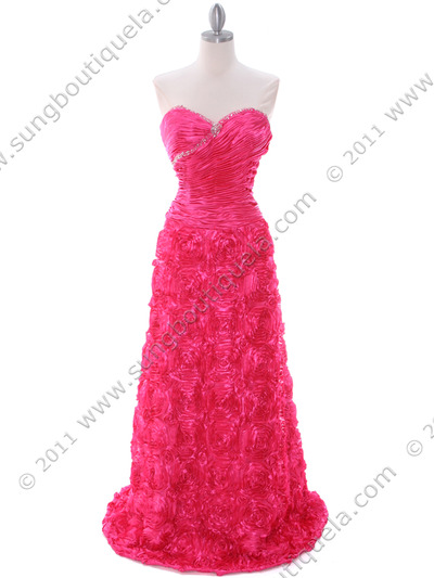 3152 Hot Pink Rosette Prom Evening Dress - Hot Pink, Front View Medium
