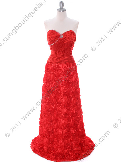 3152 Red Rosette Prom Evening Dress - Red, Front View Medium