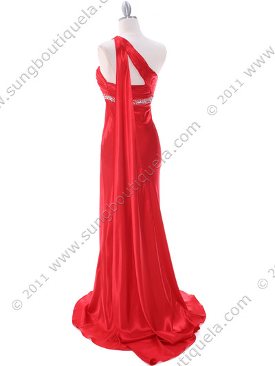 3162 Red Charmeuse One Shoulder Evening Dress - Red, Back View Medium