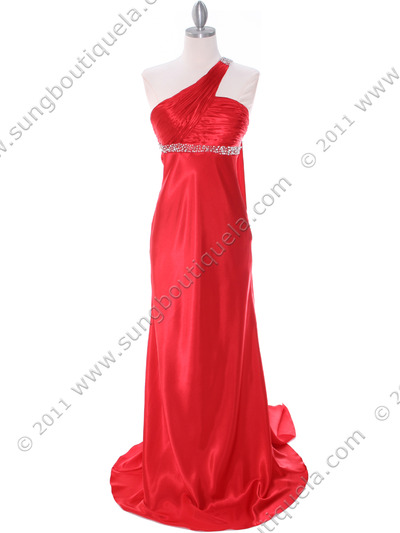 3162 Red Charmeuse One Shoulder Evening Dress - Red, Front View Medium