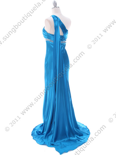 3162 Teal Blue Charmeuse One Shoulder Evening Dress - Teal Blue, Back View Medium