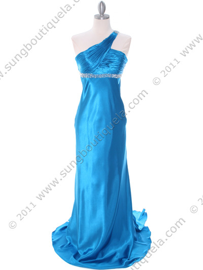 3162 Teal Blue Charmeuse One Shoulder Evening Dress - Teal Blue, Front View Medium