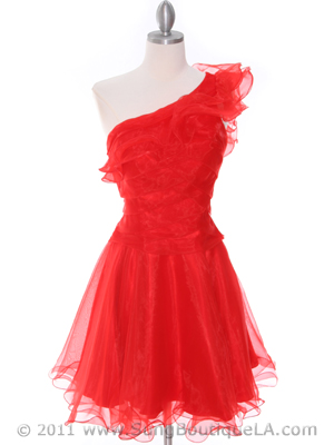 3168 Red One Shoulder Cocktail Dress, Red