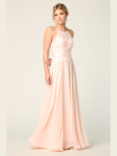 3216 Lace Halter Cross Back Chiffon Dress - Blush, Front View Medium