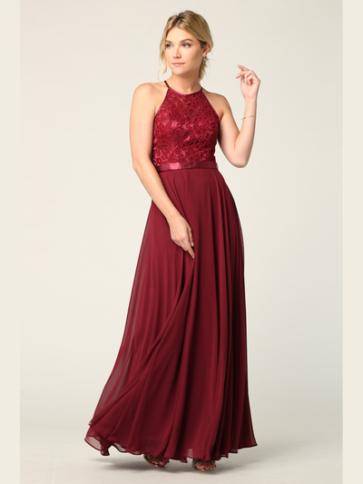 3216 Lace Halter Cross Back Chiffon Dress - Burgundy, Front View Medium