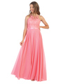 3216 Lace Halter Cross Back Chiffon Dress - Coral, Front View Thumbnail