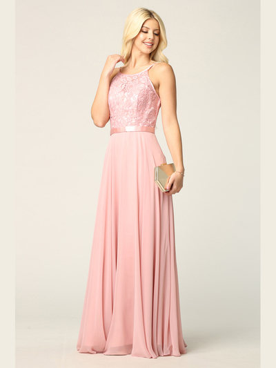 3216 Lace Halter Cross Back Chiffon Dress - Dusty Rose, Front View Medium