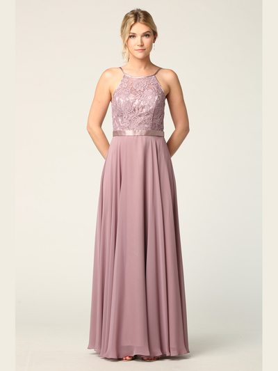 3216 Lace Halter Cross Back Chiffon Dress - Mauve, Front View Medium