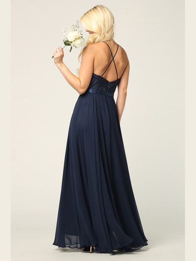 3216 Lace Halter Cross Back Chiffon Dress - Navy, Back View Medium