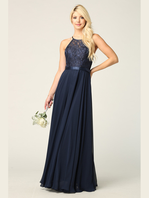 3216 Lace Halter Cross Back Chiffon Dress, Navy
