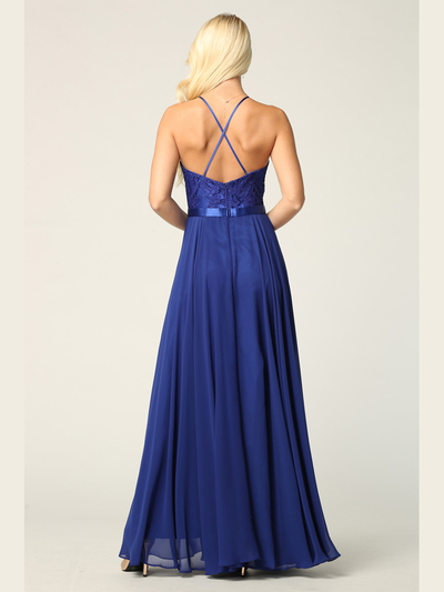 3216 Lace Halter Cross Back Chiffon Dress - Royal, Back View Medium