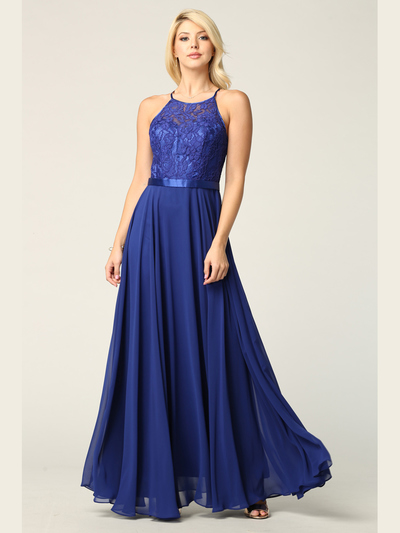 3216 Lace Halter Cross Back Chiffon Dress - Royal, Front View Medium