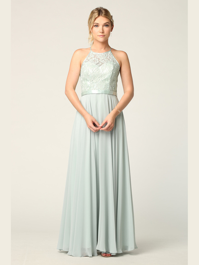 3216 Lace Halter Cross Back Chiffon Dress - Sage, Front View Medium