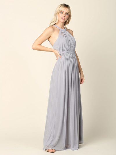 3252 Stretch Chiffon Halter Bridesmaid Dress - Silver, Front View Medium