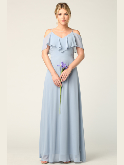 3263 Convertible Ruffle Top Off Shoulder Bridesmaid Dress - Dusty Blue, Front View Medium