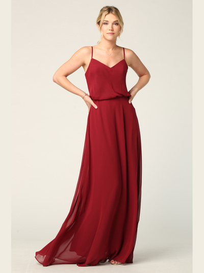 3318 Spaghetti Strap Blouson Top Bridesmaid Dress - Burgundy, Front View Medium