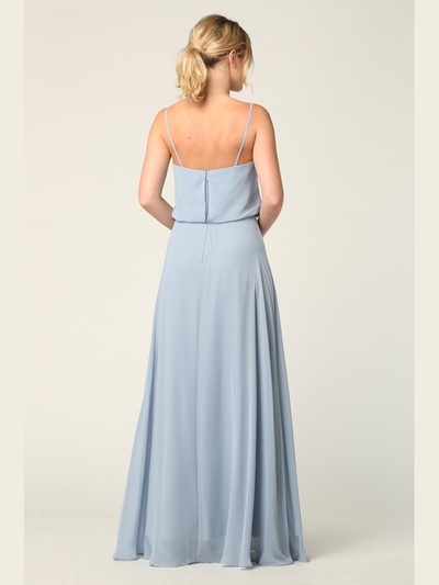3318 Spaghetti Strap Blouson Top Bridesmaid Dress - Dusty Blue, Back View Medium