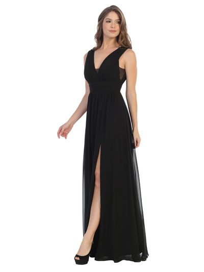 3329 V-neck Front And Back Long Evening Dress - Black, Back View Medium