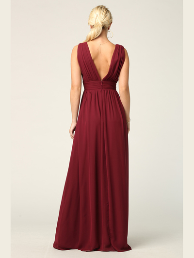3329 V-neck Front And Back Long Evening Dress - Burgundy, Back View Medium