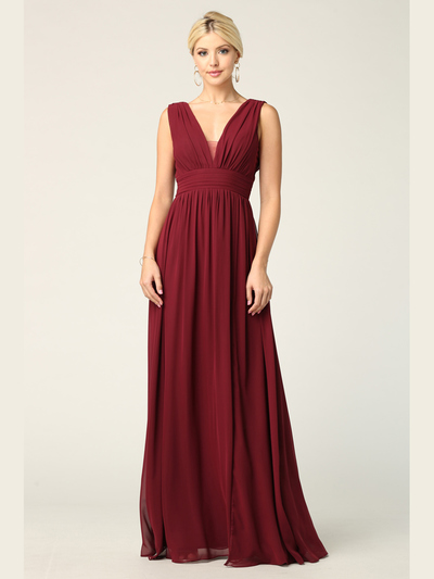 3329 V-neck Front And Back Long Evening Dress - Burgundy, Front View Medium
