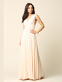 3329 V-neck Front And Back Long Evening Dress - Champagne, Back View Thumbnail