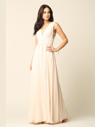 3329 V-neck Front And Back Long Evening Dress - Champagne, Back View Medium