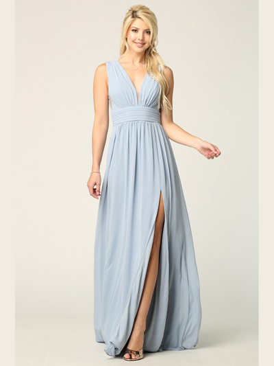 3329 V-neck Front And Back Long Evening Dress - Dusty Blue, Front View Medium
