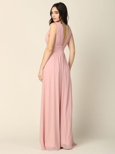 3329 V-neck Front And Back Long Evening Dress - Dusty Rose, Back View Medium