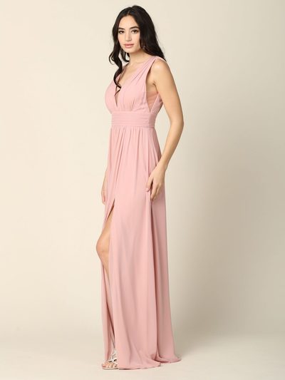 3329 V-neck Front And Back Long Evening Dress - Dusty Rose, Front View Medium