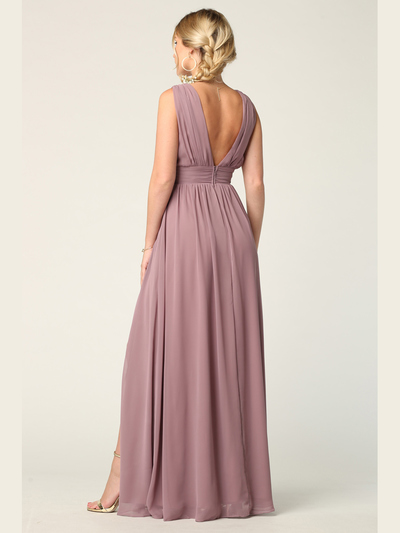 3329 V-neck Front And Back Long Evening Dress - Mauve, Back View Medium