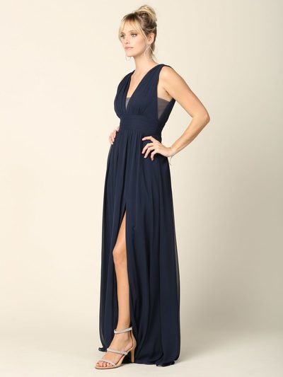 3329 V-neck Front And Back Long Evening Dress - Navy, Back View Medium