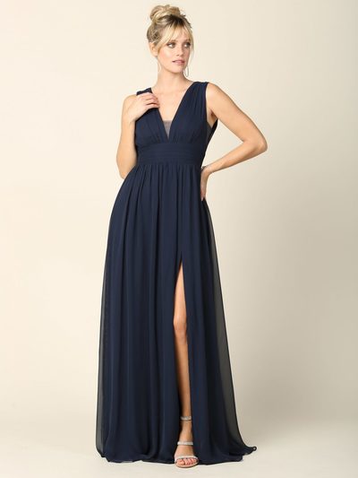 3329 V-neck Front And Back Long Evening Dress - Navy, Front View Medium