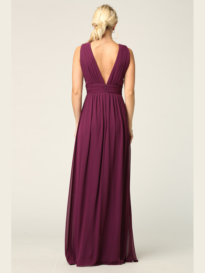 3329 V-neck Front And Back Long Evening Dress - Plum, Back View Medium