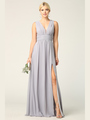 3329 V-neck Front And Back Long Evening Dress - Silver, Front View Thumbnail
