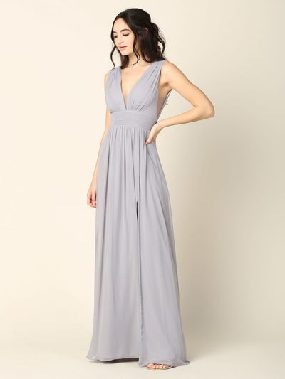 3329 V-neck Front And Back Long Evening Dress - Silver, Back View Medium