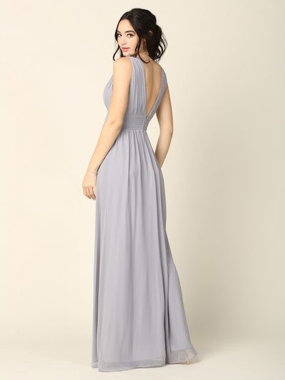 3329 V-neck Front And Back Long Evening Dress - Silver, Alt View Medium