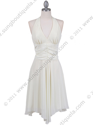 3329 Ivory Halter Top Chiffon Cocktail Dress - Ivory, Front View Medium
