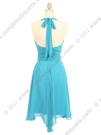 3329 Turquoise Halter Top Chiffon Cocktail Dress - Turquoise, Back View Medium
