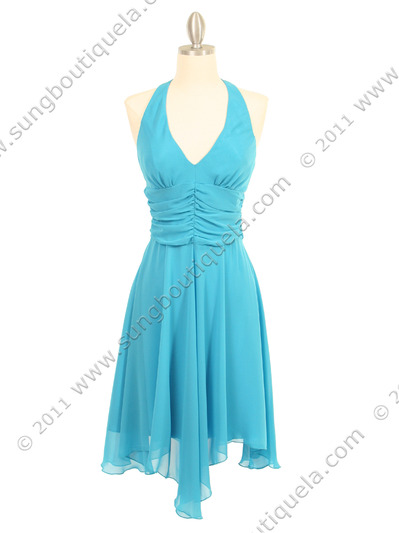 3329 Turquoise Halter Top Chiffon Cocktail Dress - Turquoise, Front View Medium