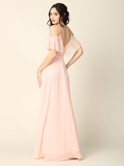 3331 Flutter Cold Shoulder Long Evening Dress - Blush, Back View Medium