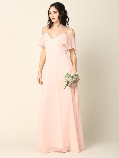 3331 Flutter Cold Shoulder Long Evening Dress - Blush, Front View Medium