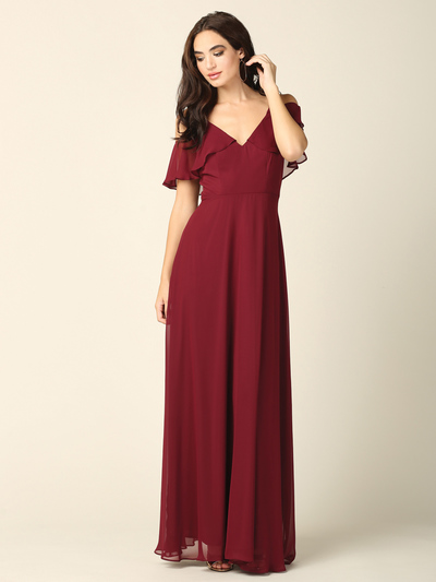 3331 Flutter Cold Shoulder Long Evening Dress - Burgundy, Front View Medium