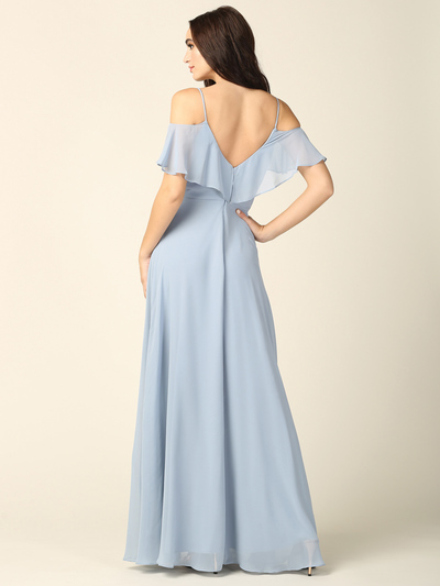 3331 Flutter Cold Shoulder Long Evening Dress - Dusty Blue, Back View Medium