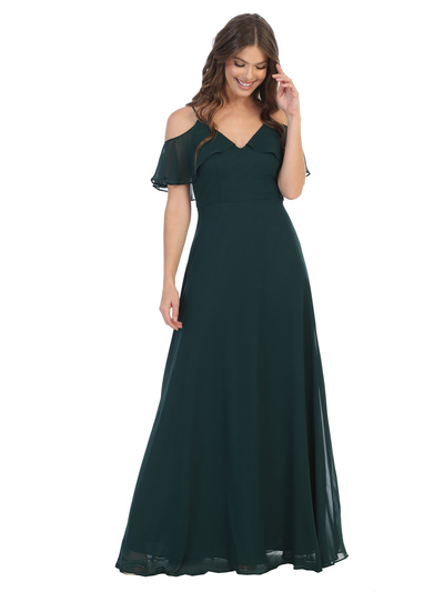 3331 Flutter Cold Shoulder Long Evening Dress - Hunter Green, Front View Medium