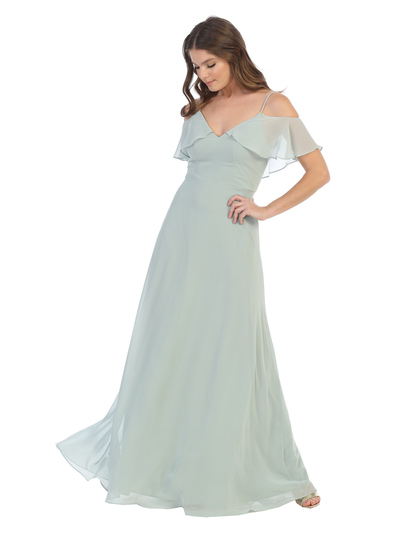 3331 Flutter Cold Shoulder Long Evening Dress - Sage, Front View Medium