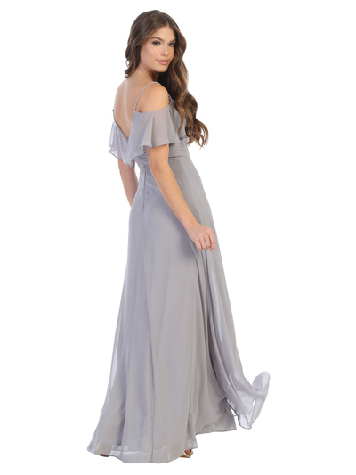3331 Flutter Cold Shoulder Long Evening Dress - Silver, Back View Medium